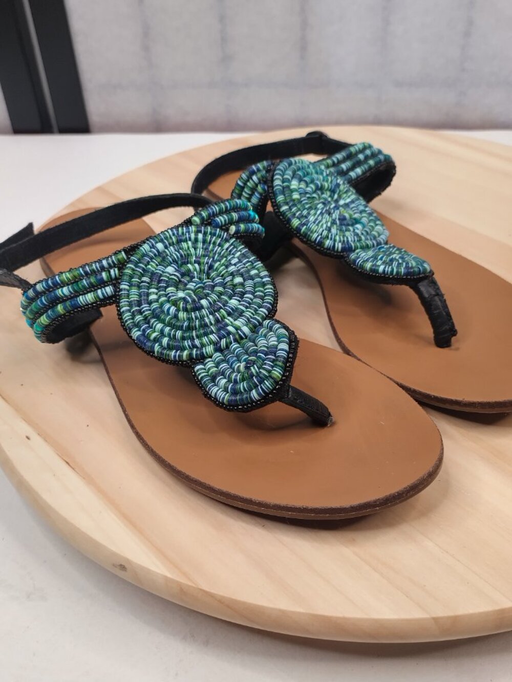 Sandals Blue & Green Beaded Leather Thong Strap Sandals Women US 9 - Picture 2 of 13